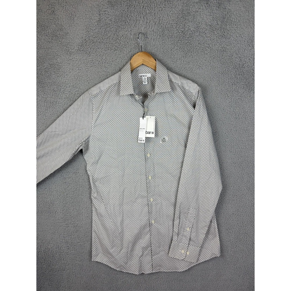 Bar III Shirt Mens M 15.5 34/35 White Geometric Slim Fit Stretch Long Sleeve New